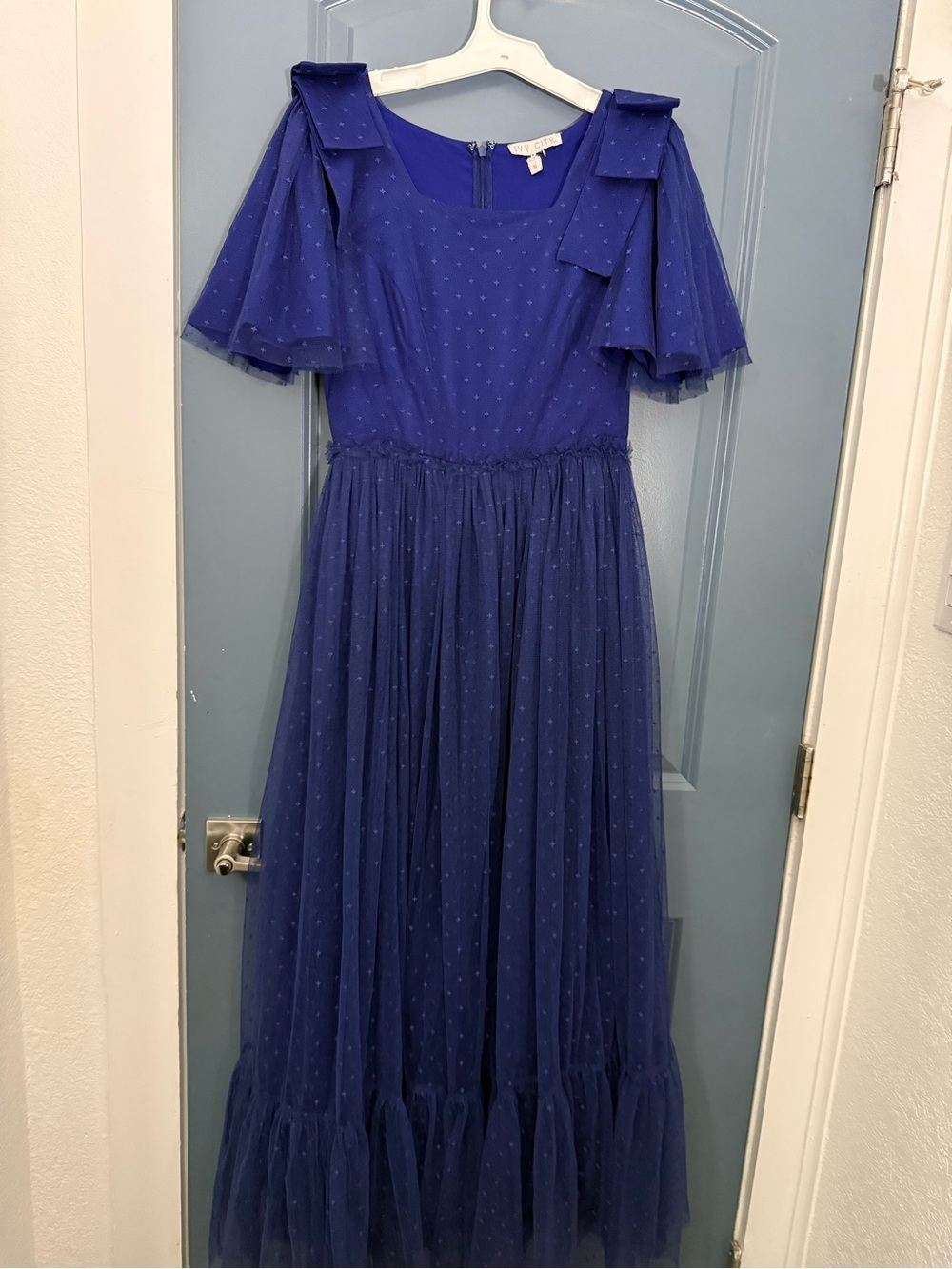 Ivy City Co Royal Blue Maxi Tulle Dress with Flutter Sleeves